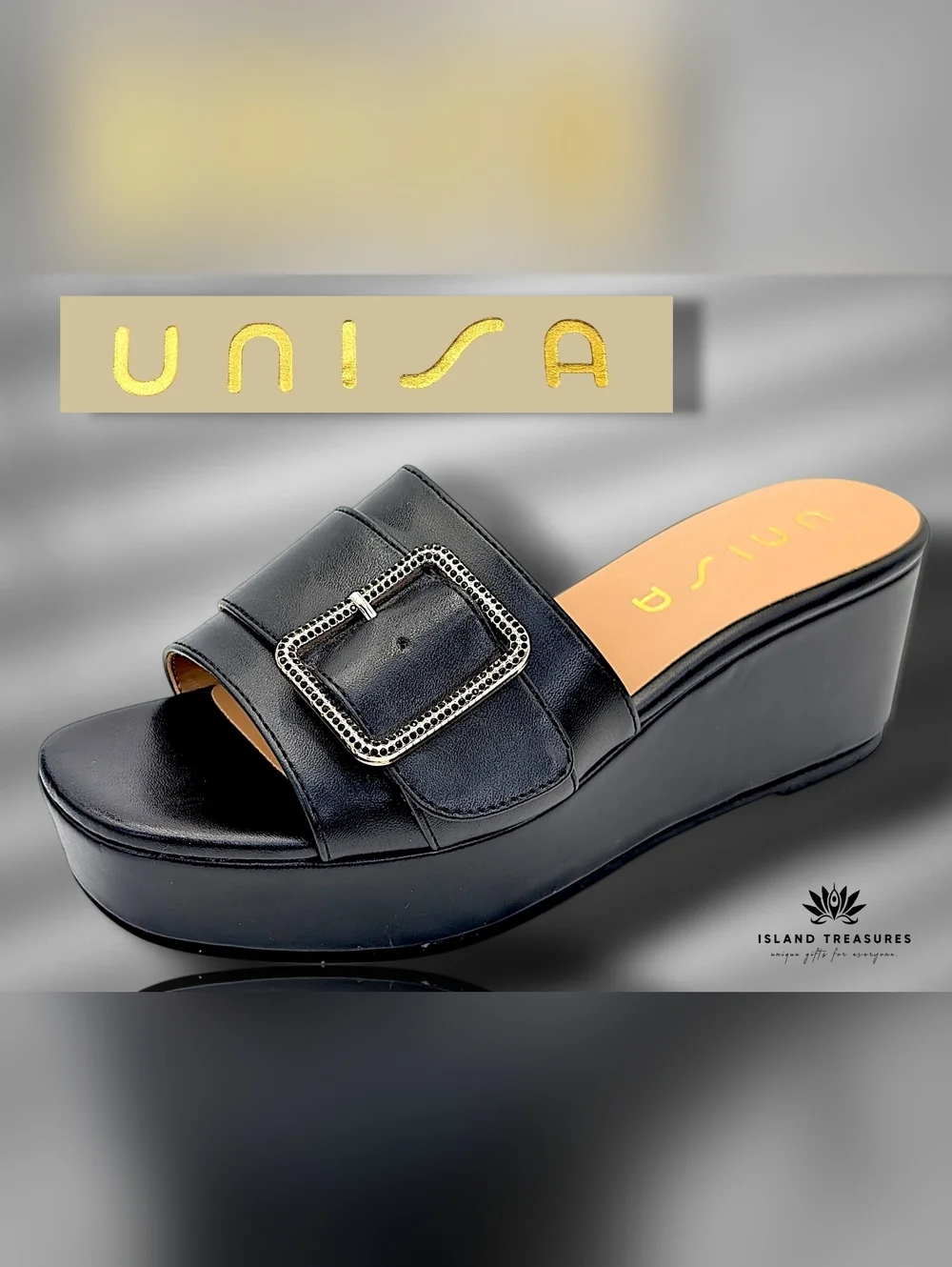 Unisa Sz 8M Black Platform Wedge Slide Sandal With  Rhinestone Buckles Cushioned